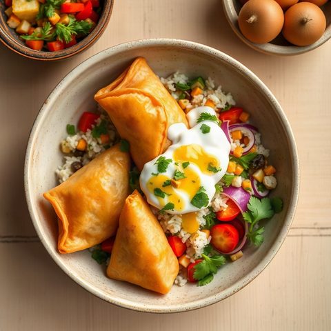 Vegetable Samosas with Rice and Cucumber Yogurt Salad