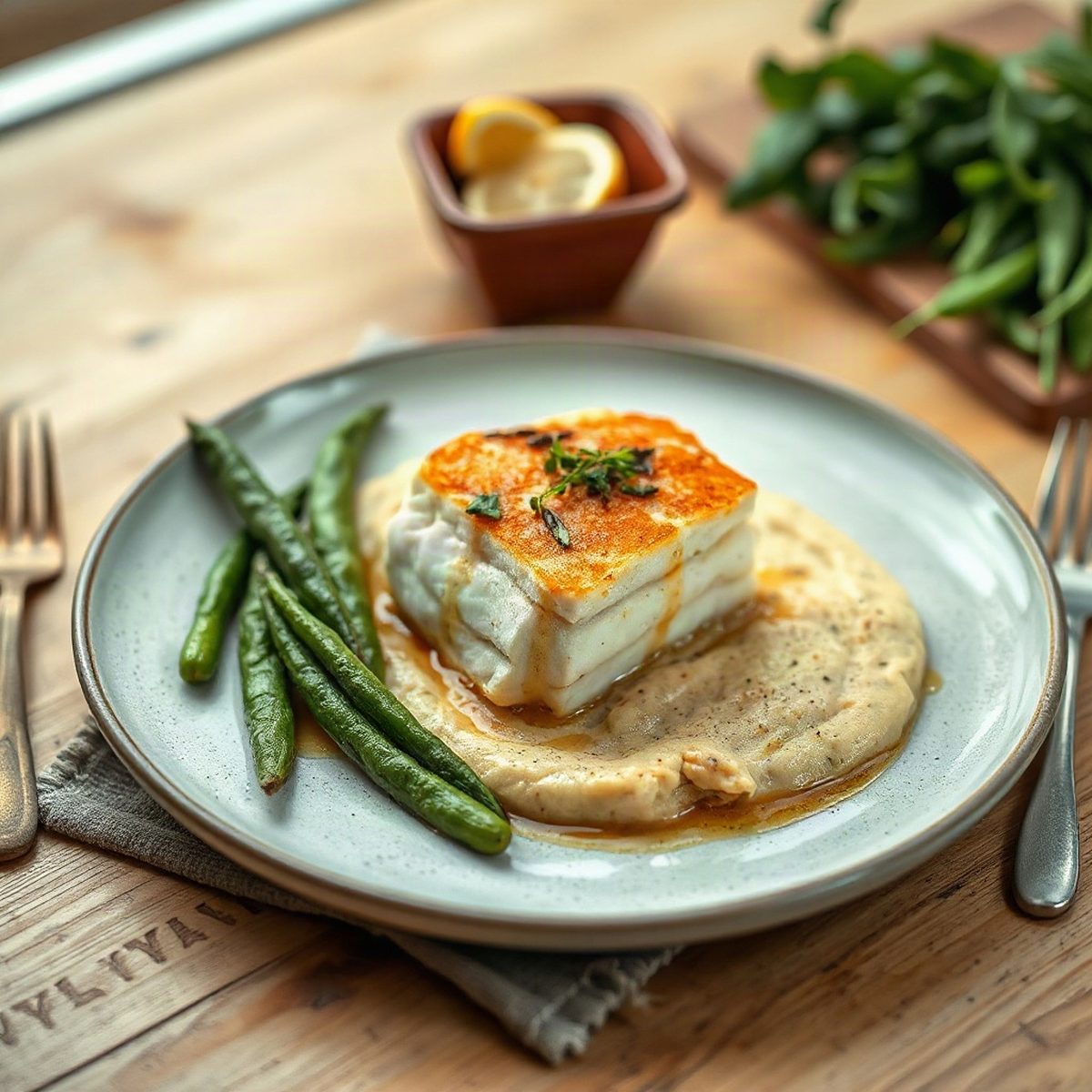 Pâté au saumon, purée de pommes de terre et haricots verts