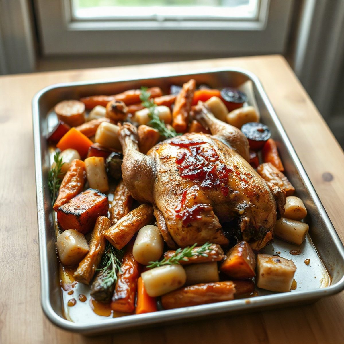 Poulet croustillant aux carottes rôties et riz