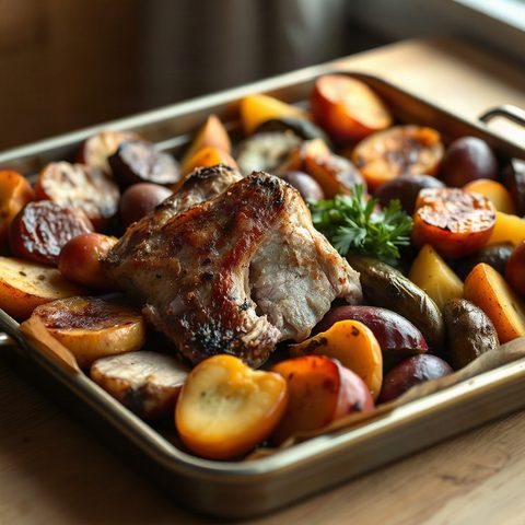 Rôti de porc aux pommes et légumes
