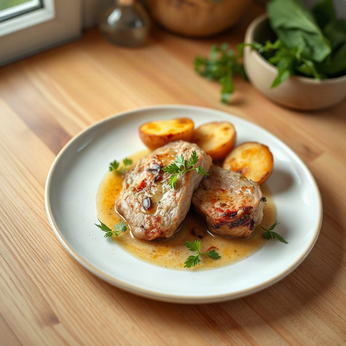 Côtelettes de porc poêlées au chou vert frisé et aux pommes