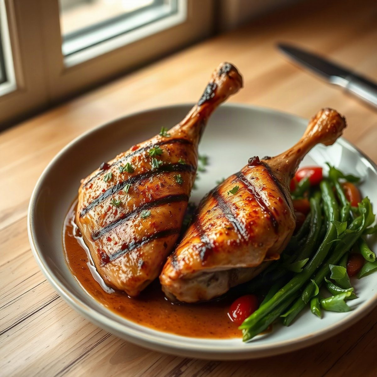 Grilled Chicken Legs with Corn and Peppers