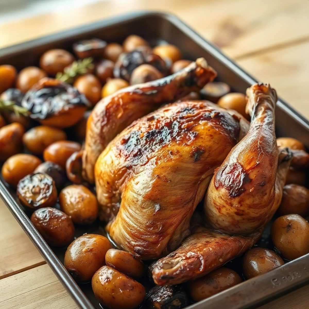 Roast Chicken with Caramelized Onion Confit and Potatoes