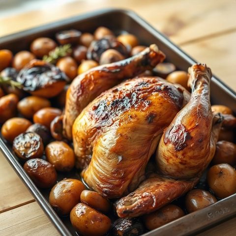 Roast Chicken with Caramelized Onion Confit and Potatoes