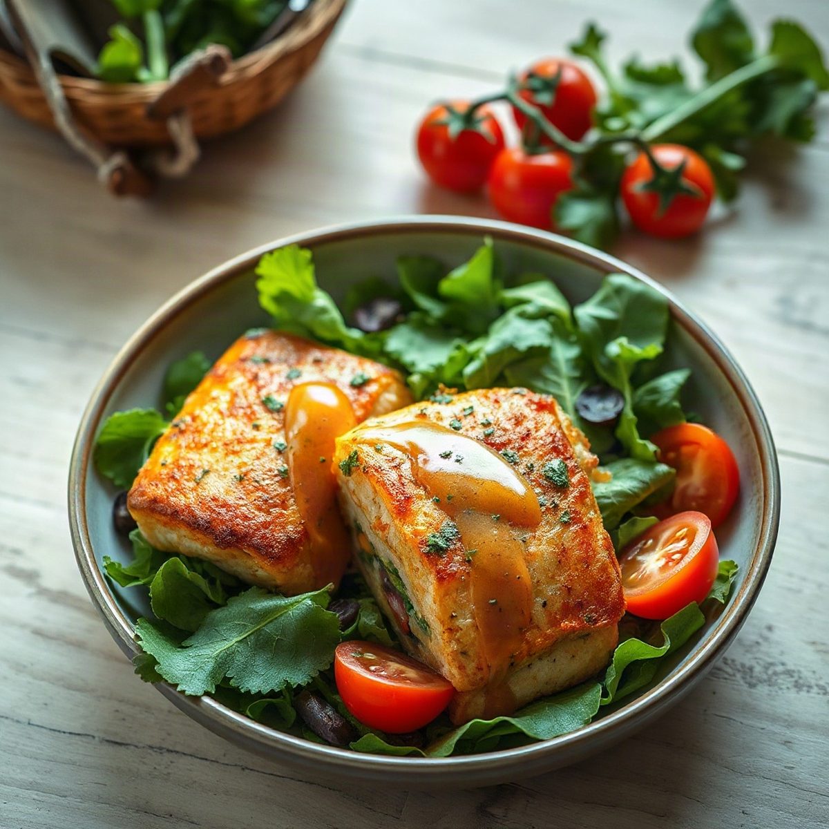 Salmon Pies with Green Salad and Tomatoes