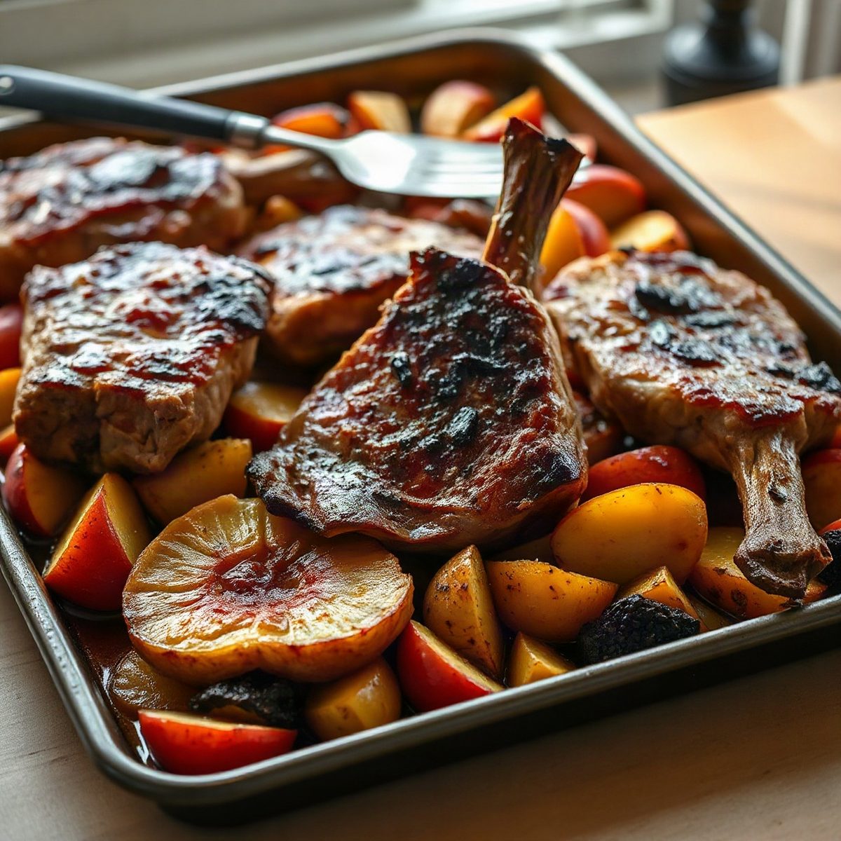 Caramelized Pork Chops with Apples and Roasted Potatoes