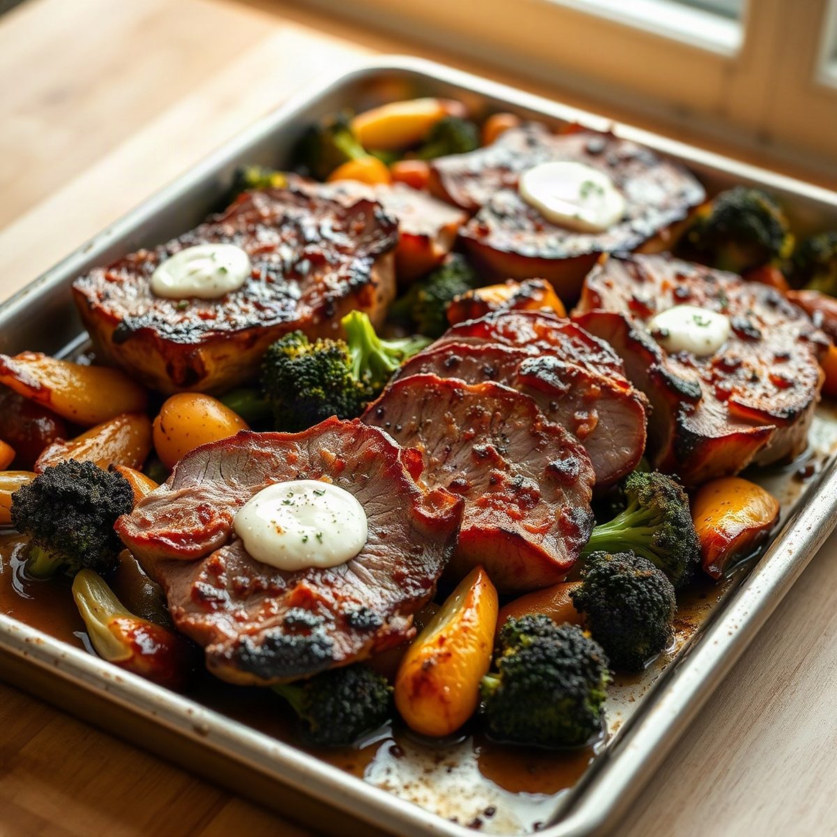 Pork Chops with Pear Cream Sauce and Roasted Broccoli
