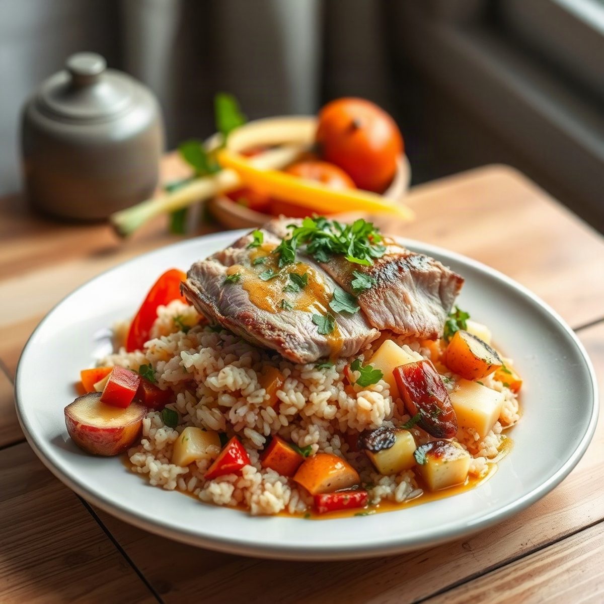 Ground Pork, Rice & Summer Vegetable Skillet