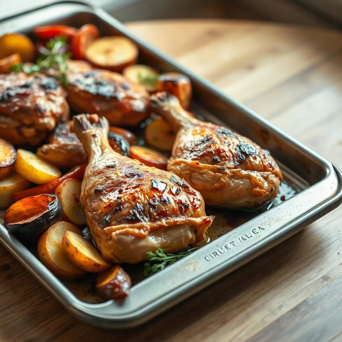 Roasted Chicken Thighs with Vegetables and Potato Galettes