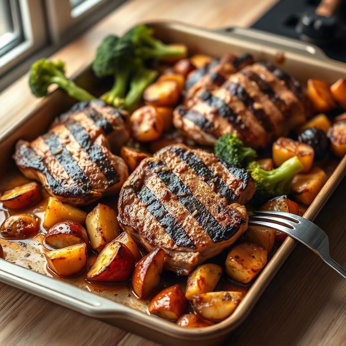 Grilled Pork Chops with Roasted Potatoes and Broccoli