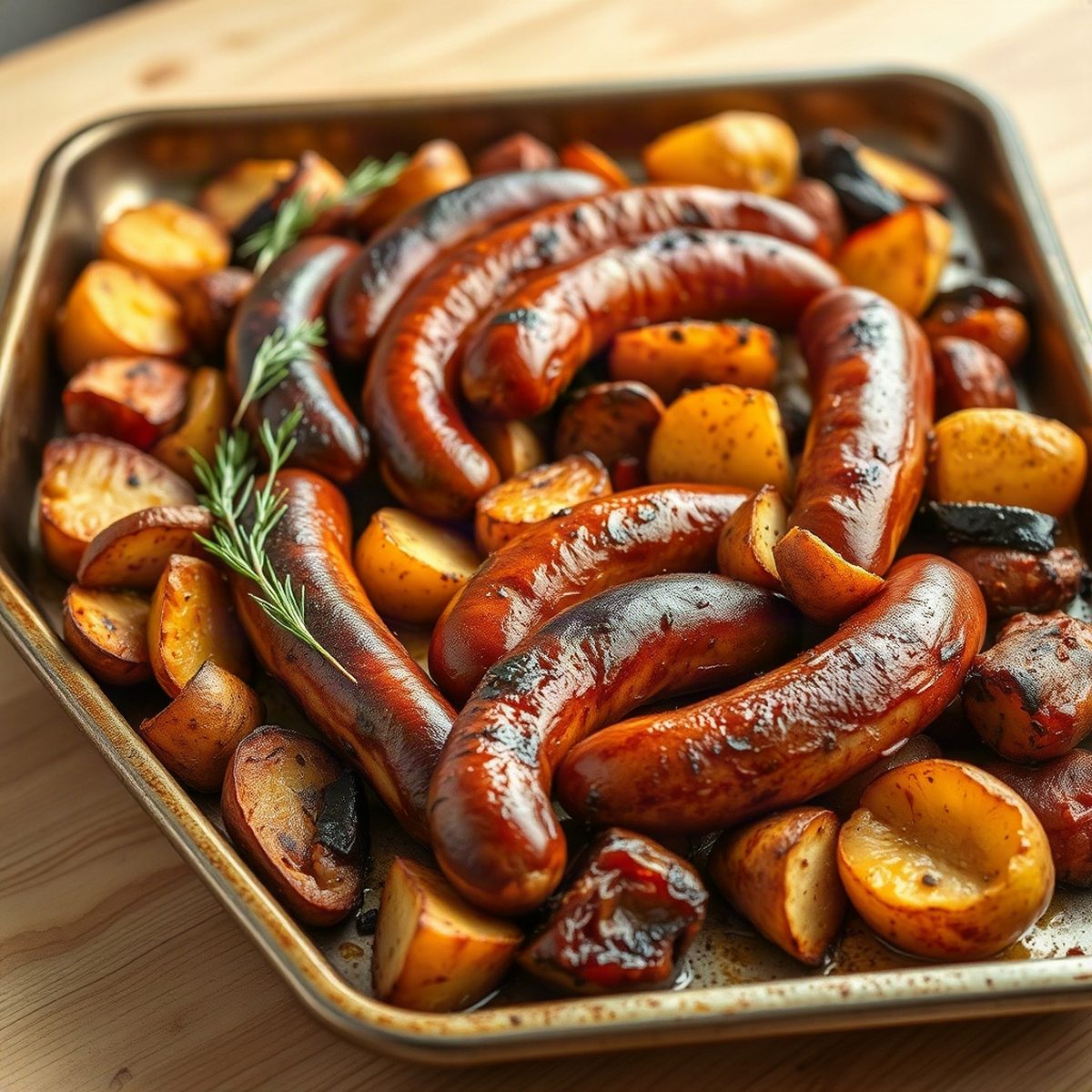 Roasted Smoked Sausages with Cauliflower and Apples