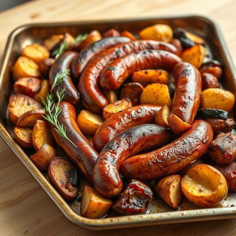 Roasted Smoked Sausages with Cauliflower and Apples