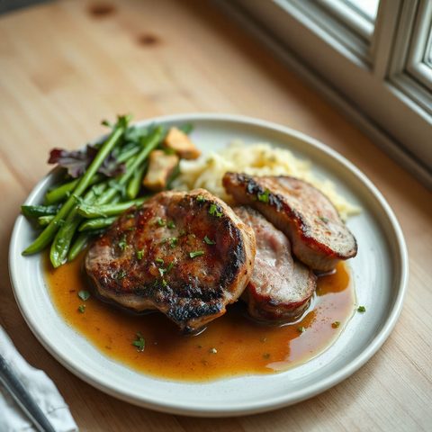 Pan-Seared Pork Chops with Green Peppers and Rice