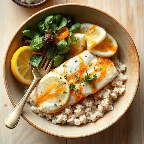 Lemon Pangasius with Romaine Salad and Rice