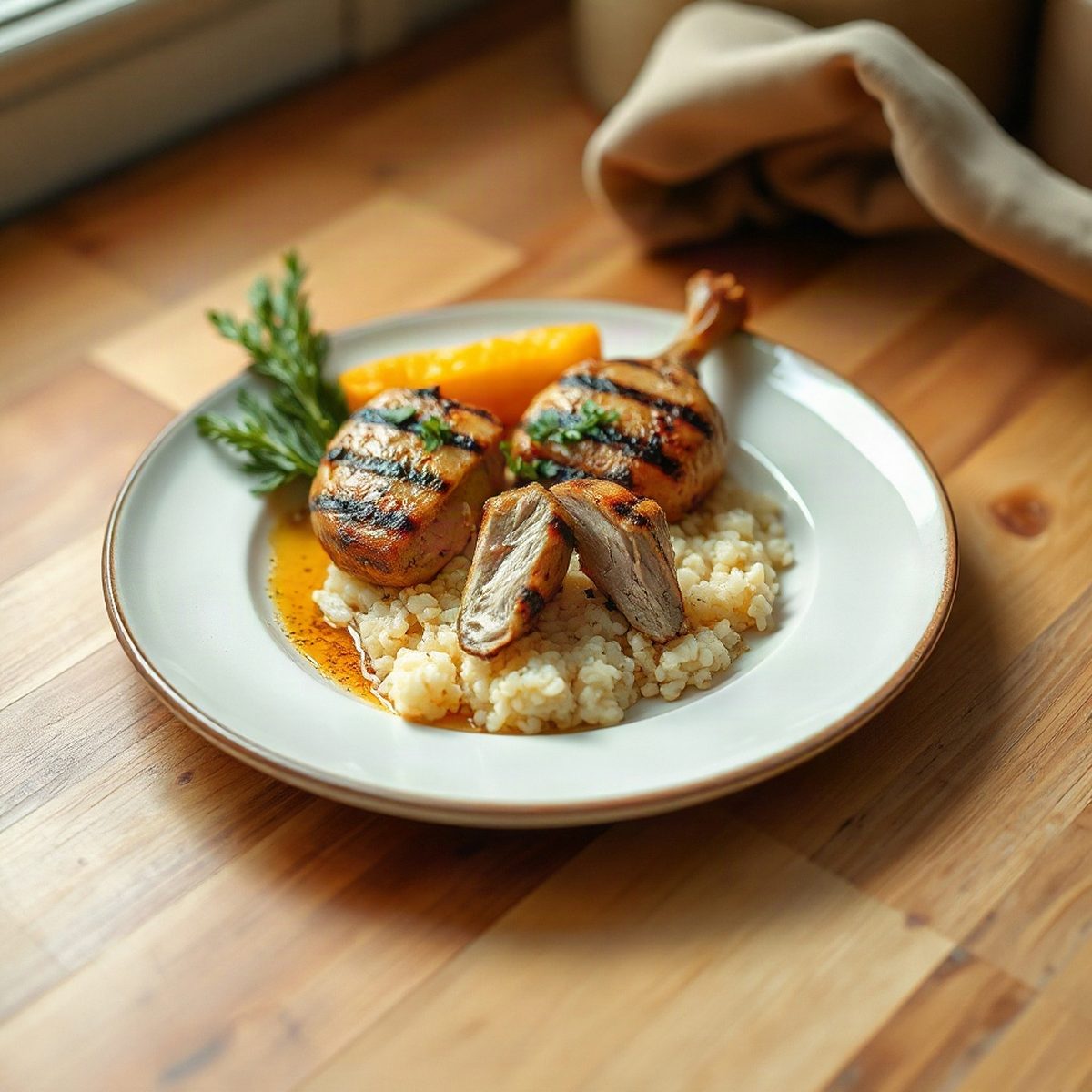 Poitrines de poulet grillées avec maïs et riz
