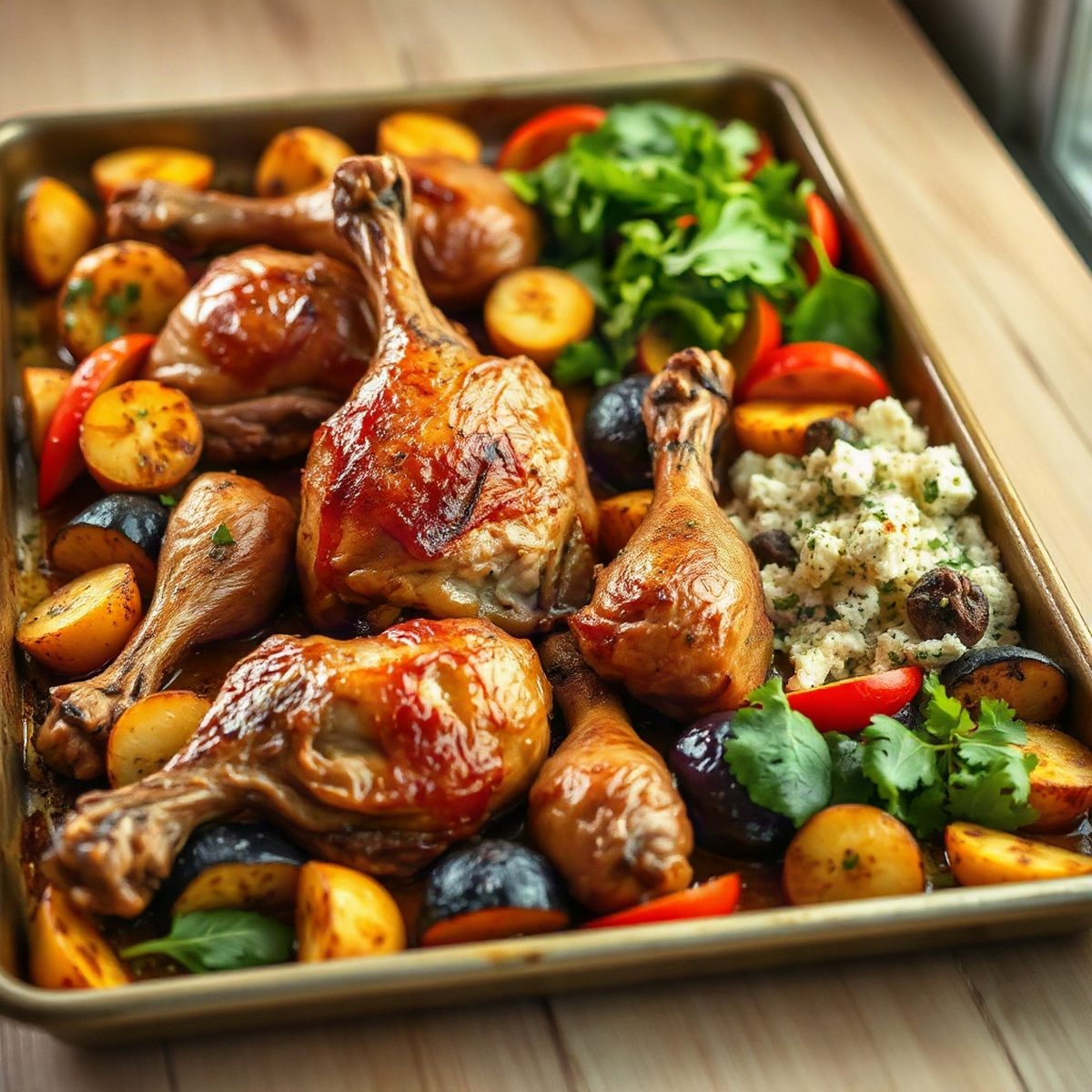 Oven-Baked BBQ Chicken Wings with Roasted Potatoes and Greek Salad