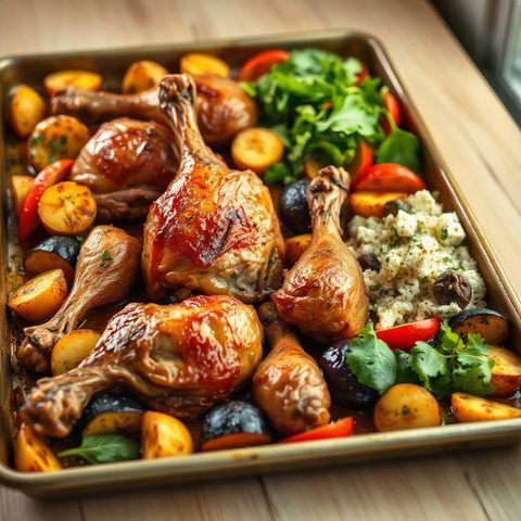 Oven-Baked BBQ Chicken Wings with Roasted Potatoes and Greek Salad