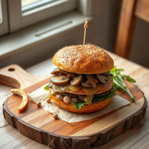 Veggie Burger with Mushrooms and Caramelized Onions