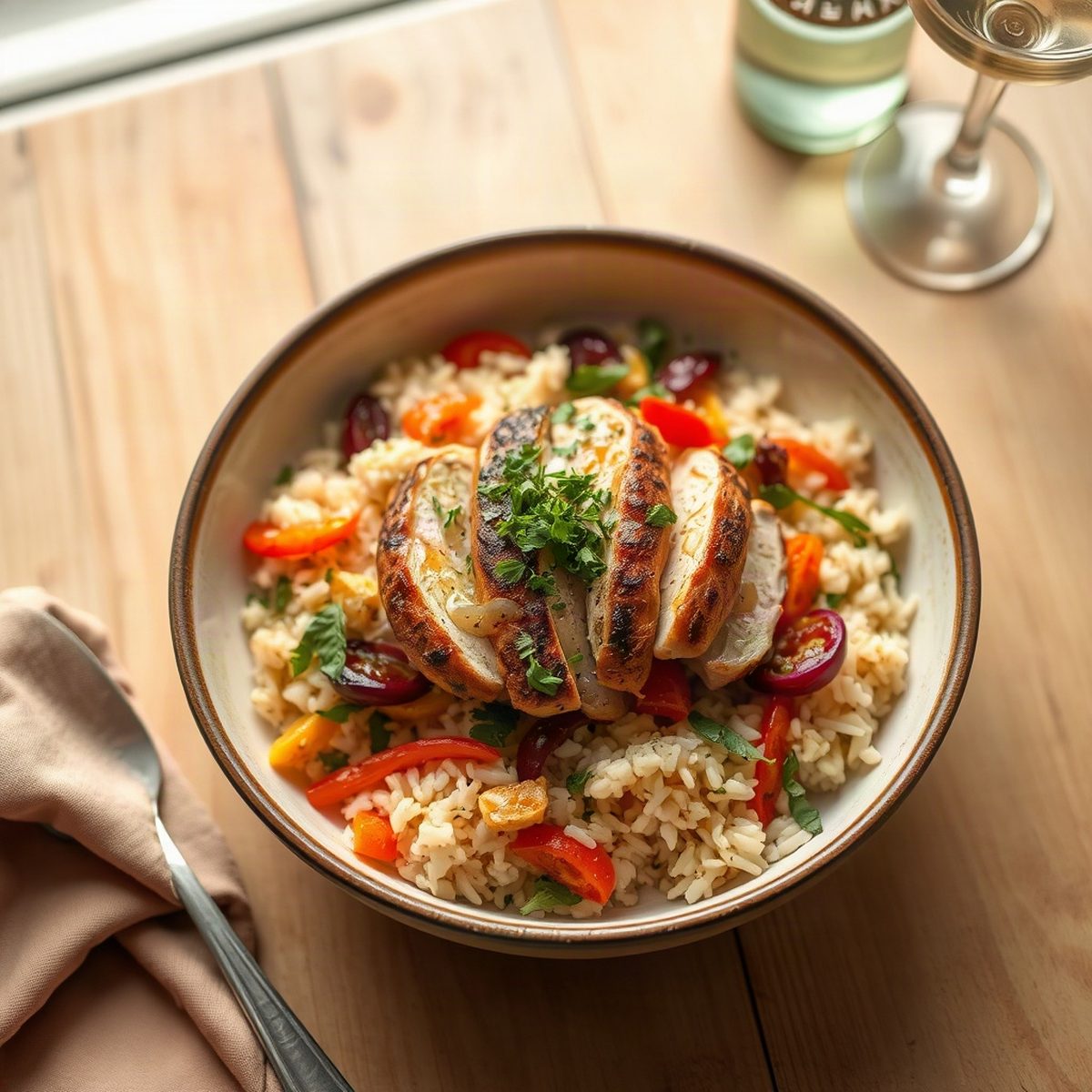 Crispy Chicken Bowl with Grilled Corn and Rice