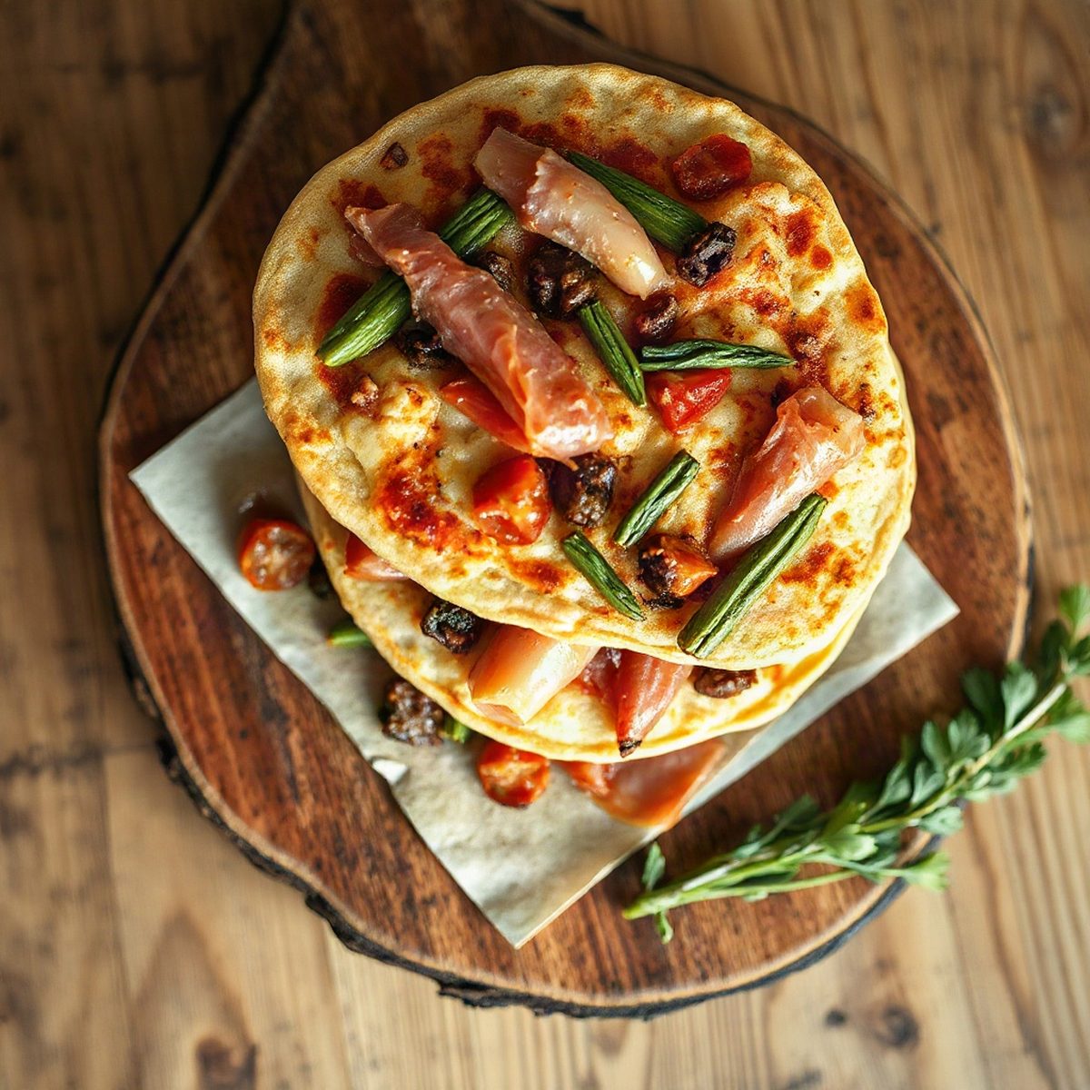 Pizzas sur tortillas au prosciutto et épinards