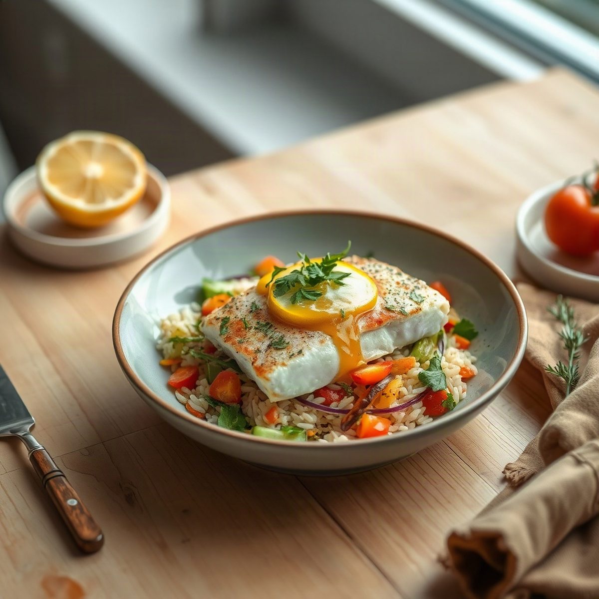 Lemon Steelhead Trout with Rice and Vegetables
