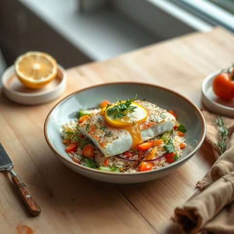 Lemon Steelhead Trout with Rice and Vegetables