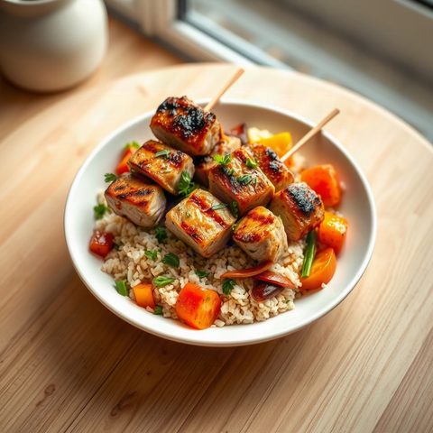 Grilled Pork Kabobs with Rice and Sautéed Vegetables