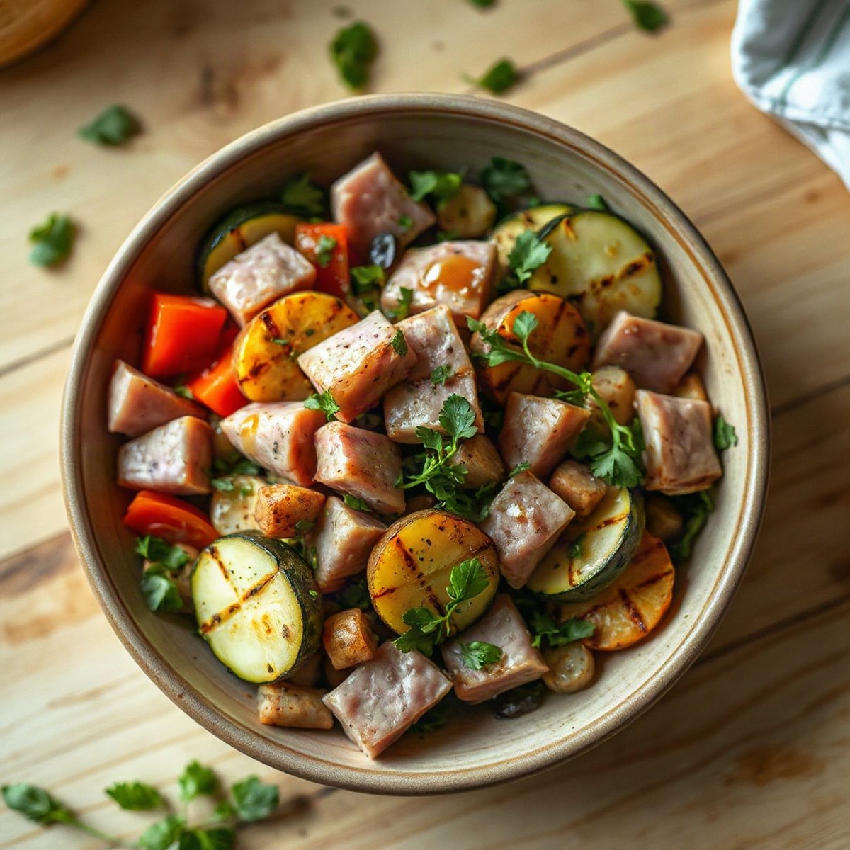 Ham, Blue Potato and Grilled Zucchini Salad