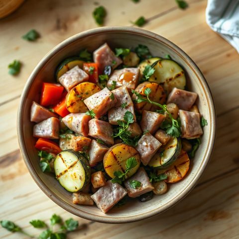 Ham, Blue Potato and Grilled Zucchini Salad