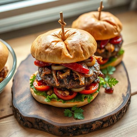Beef Burgers with Caramelized Peppers and Onions