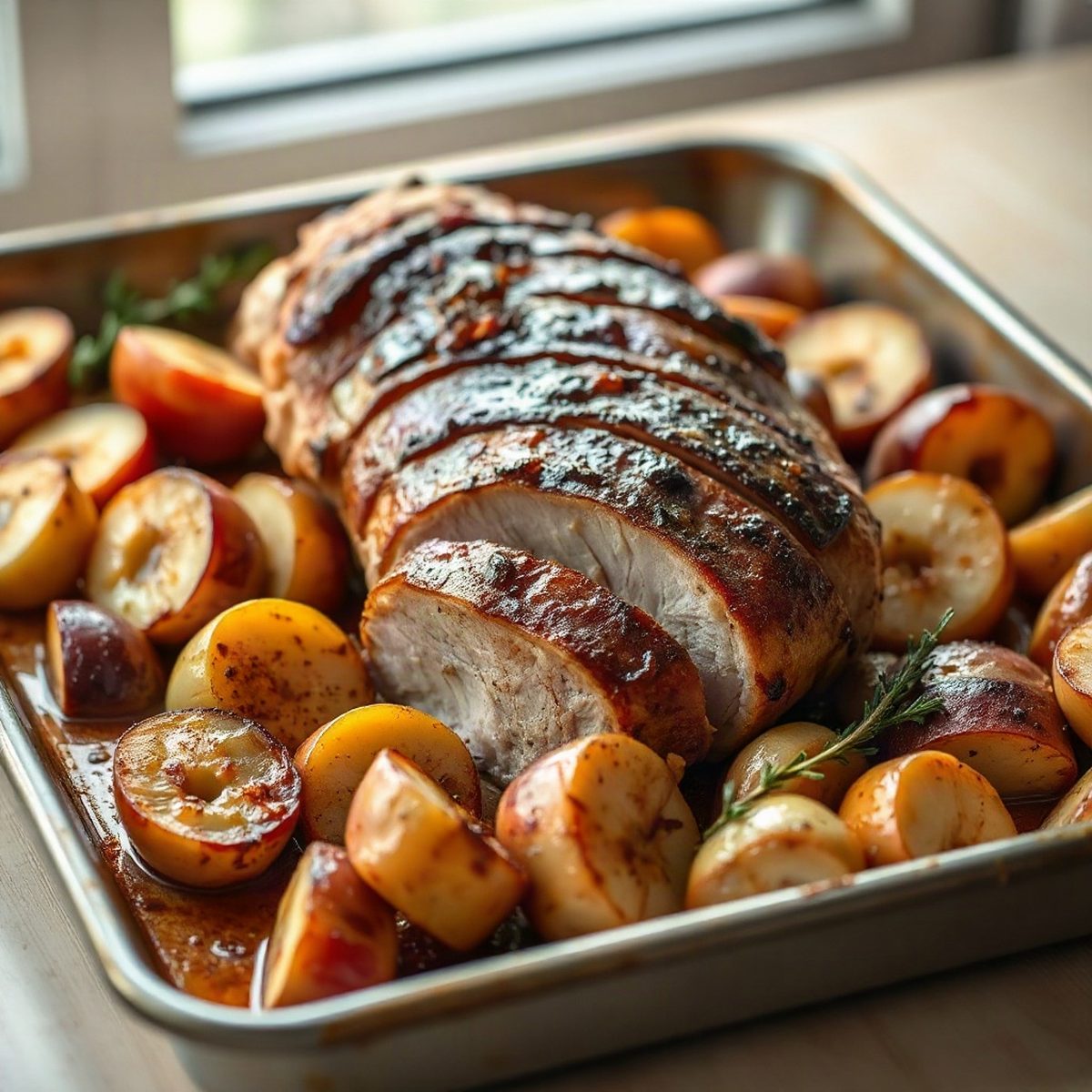 Longe de porc rôtie aux pommes et oignons
