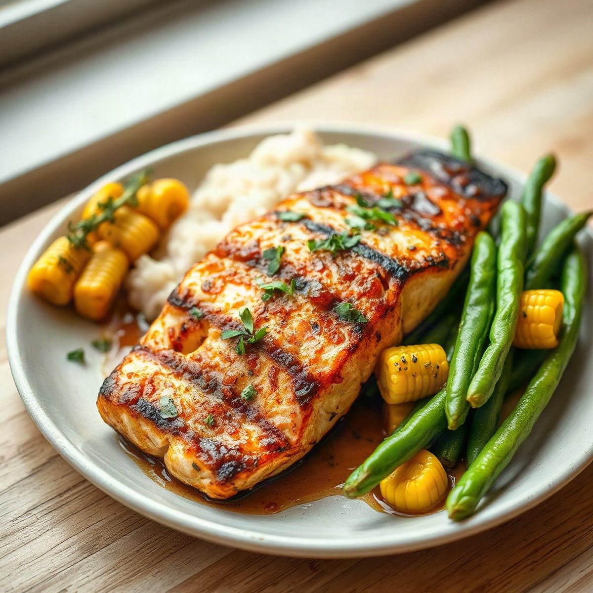 Saumon grillé avec maïs et haricots verts