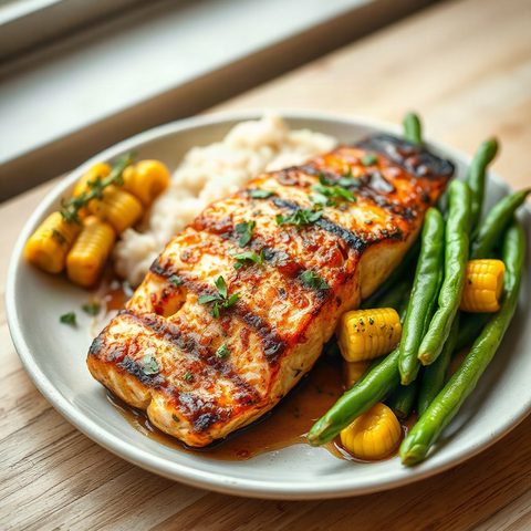 Grilled Salmon with Corn and Green Beans