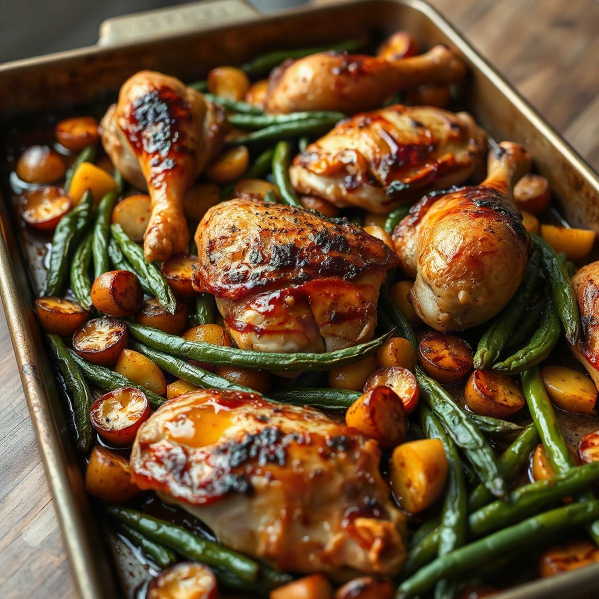 Roasted Chicken Drumsticks with Potatoes and Green Beans