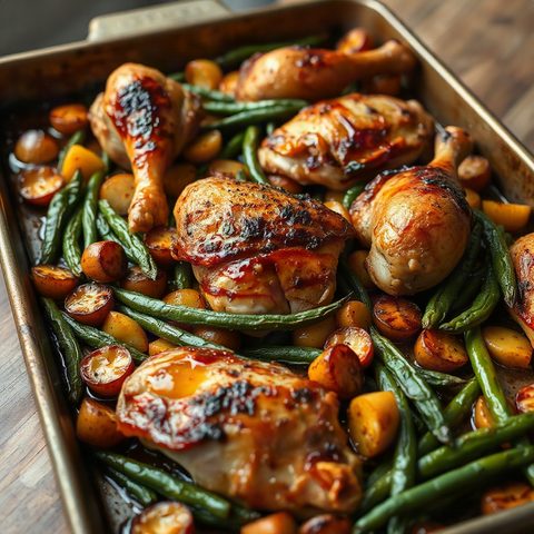 Roasted Chicken Drumsticks with Potatoes and Green Beans