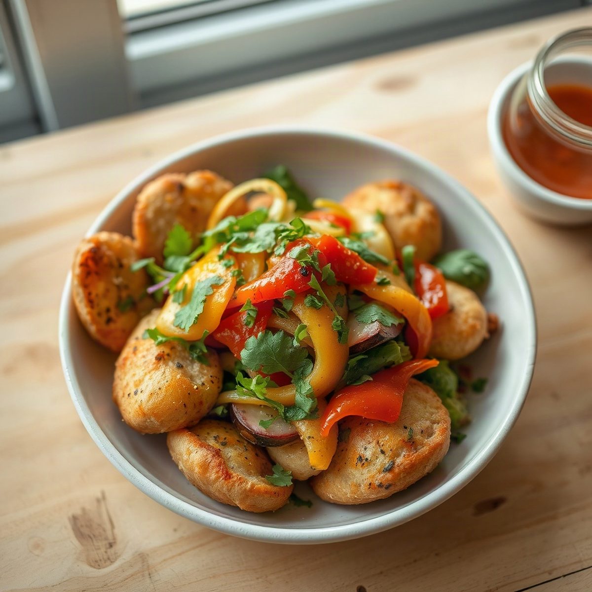 Assiette de buns végétariens, salade croquante et sauce piquante