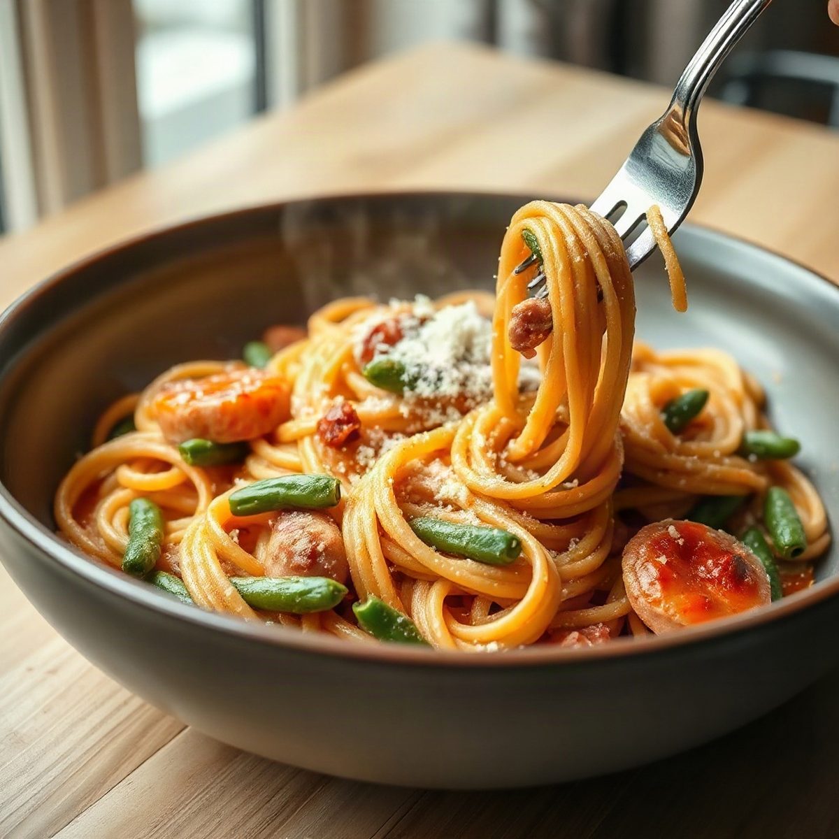 Spaghetti au porc haché et aux haricots verts