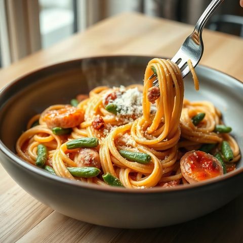 Ground pork spaghetti with green beans
