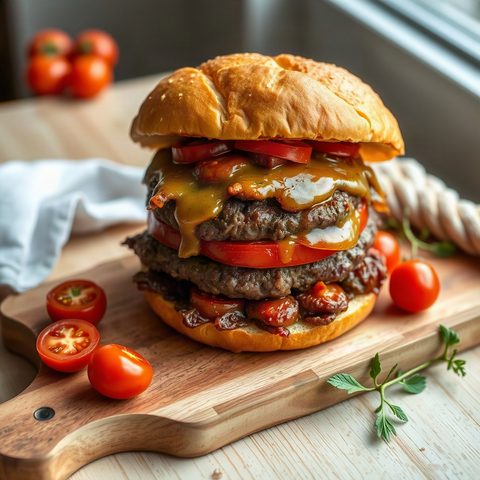 Beef Burgers with Pom Bread and Roma Tomatoes