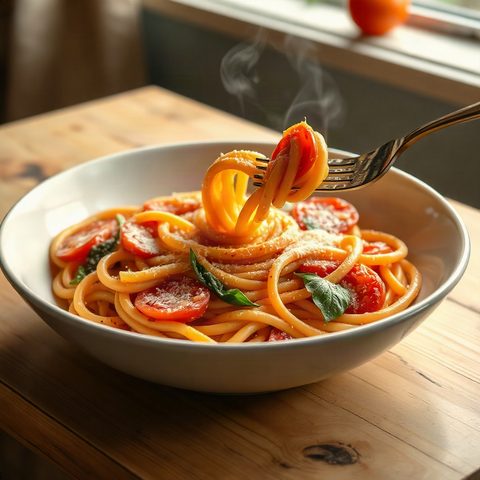 Tuna Pasta with Tomato Coulis and Spinach