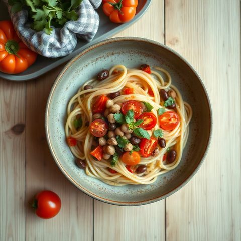 Vermicelli with Bell Peppers, Tomatoes and Beans