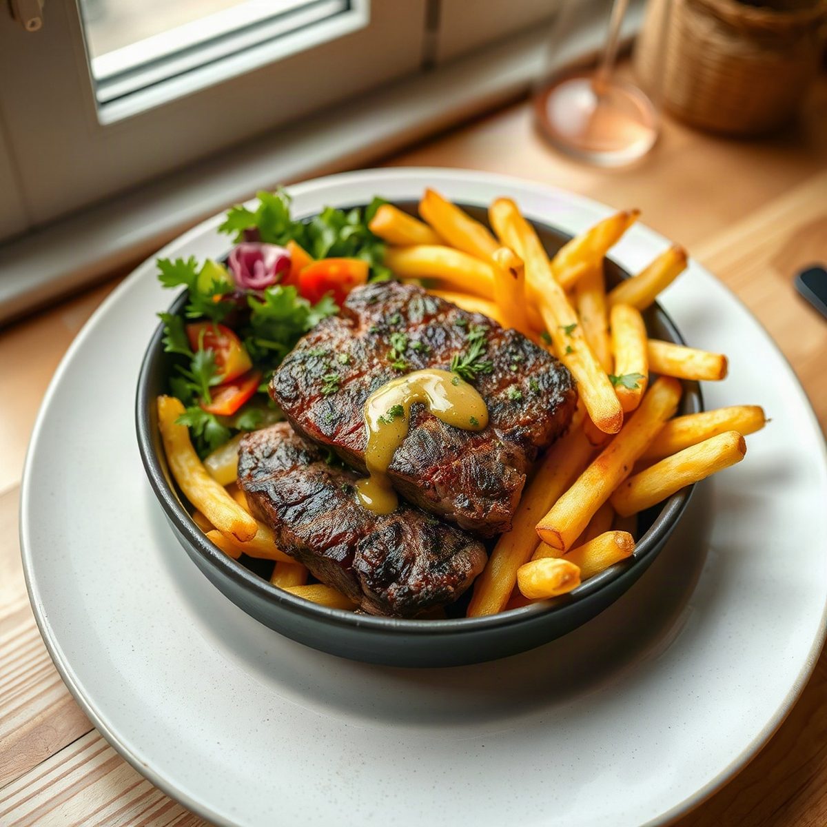 Grilled Sapocko steak with fries and cucumber salad