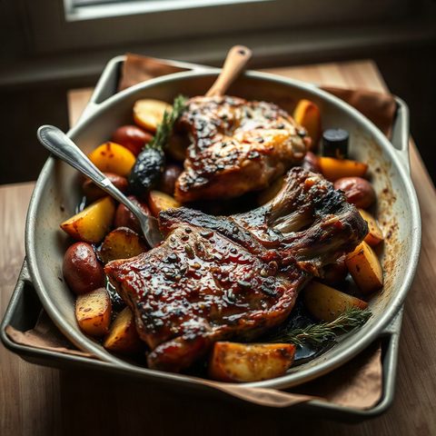 Maple-glazed baby back ribs with roasted potatoes