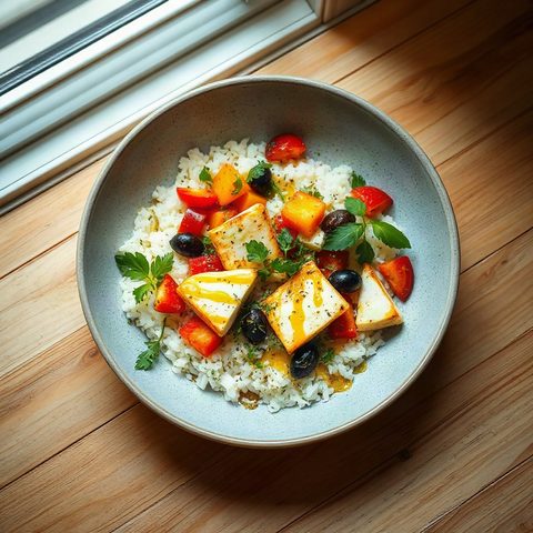 Grilled Halloumi Rice Bowl with Cucumber