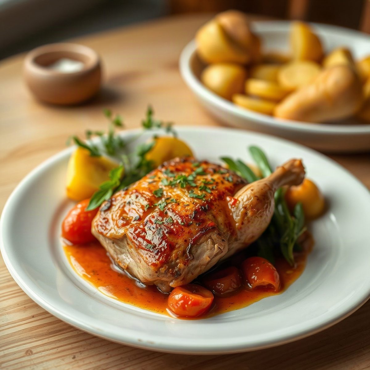 Poulet braisé aux tomates, poivrons et pommes de terre
