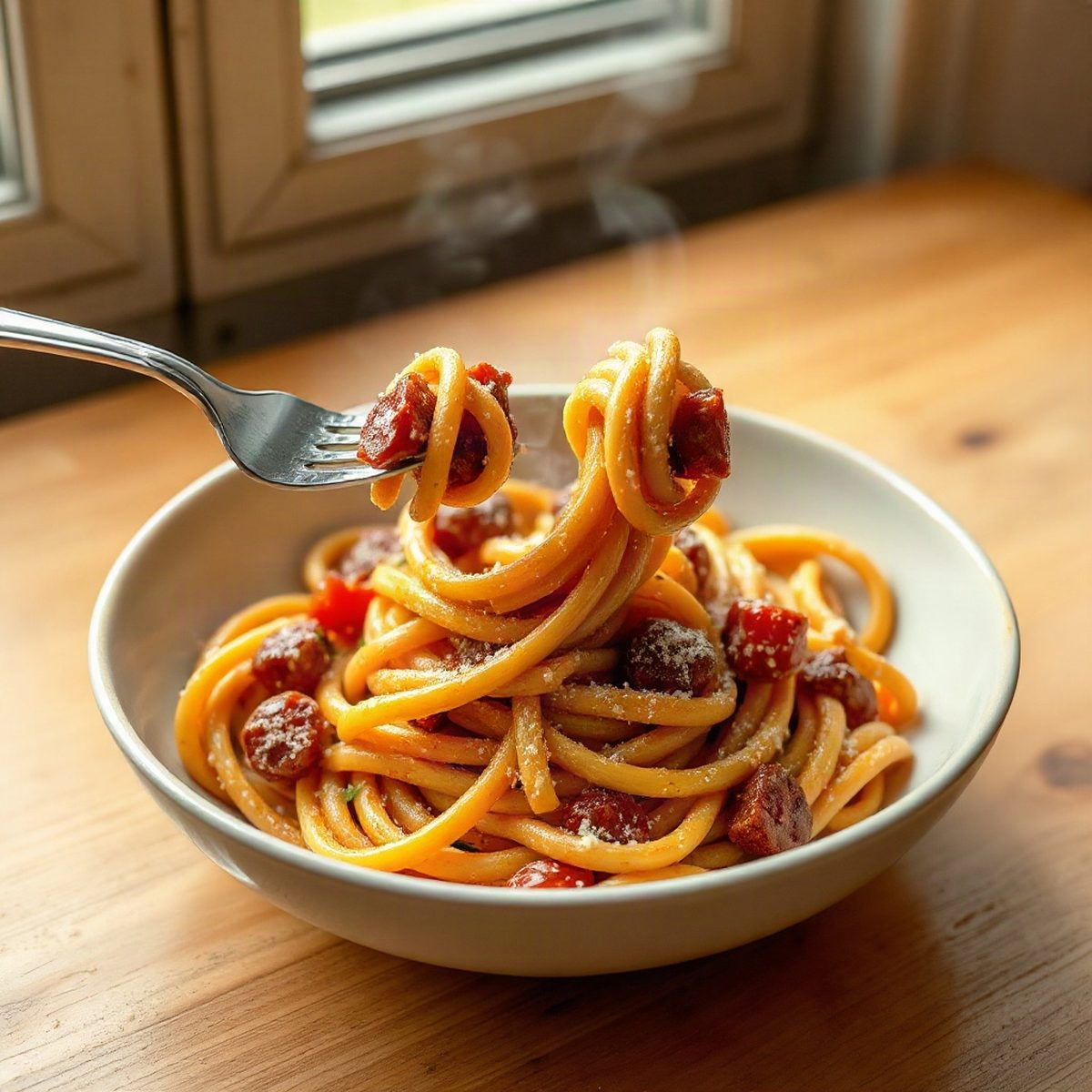 Pâtes au salami de bœuf, céleri et tomates