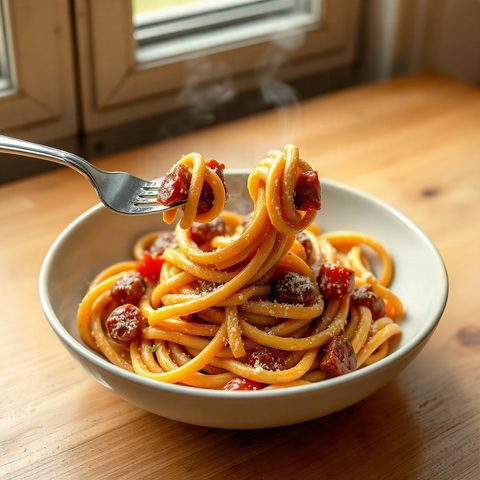 Beef Salami Pasta with Celery and Tomatoes