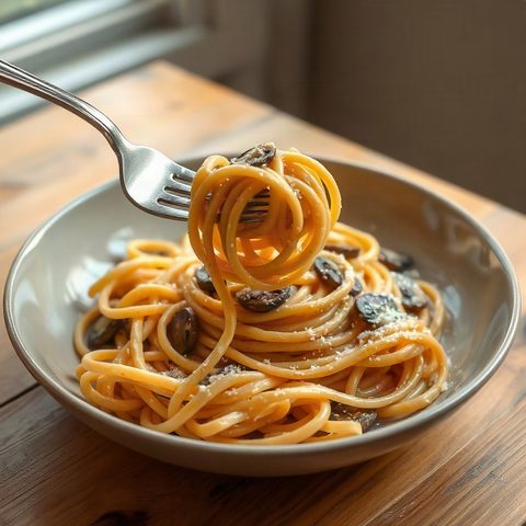 Creamy marinated chicken, mushroom and goat cheese pasta