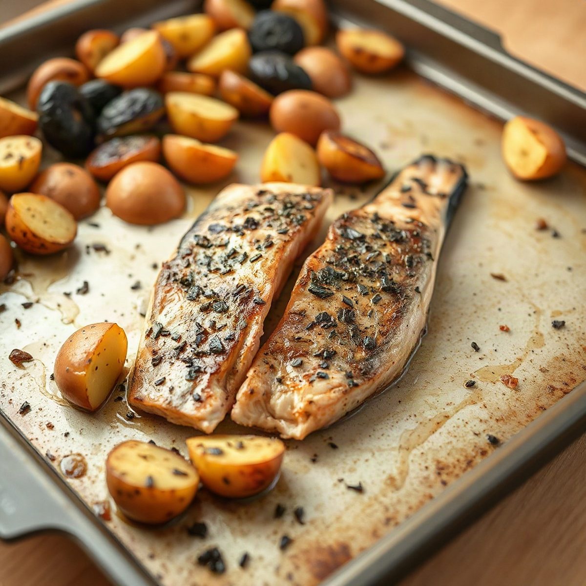 Saumon rôti aux patates douces et poivrons