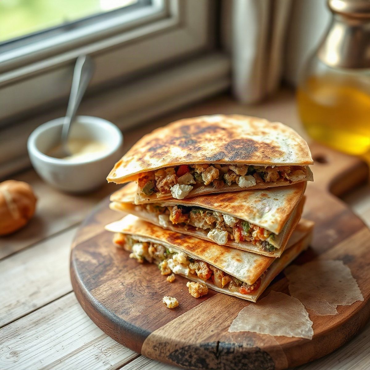 Quesadillas au poulet cajun, feta et poivron